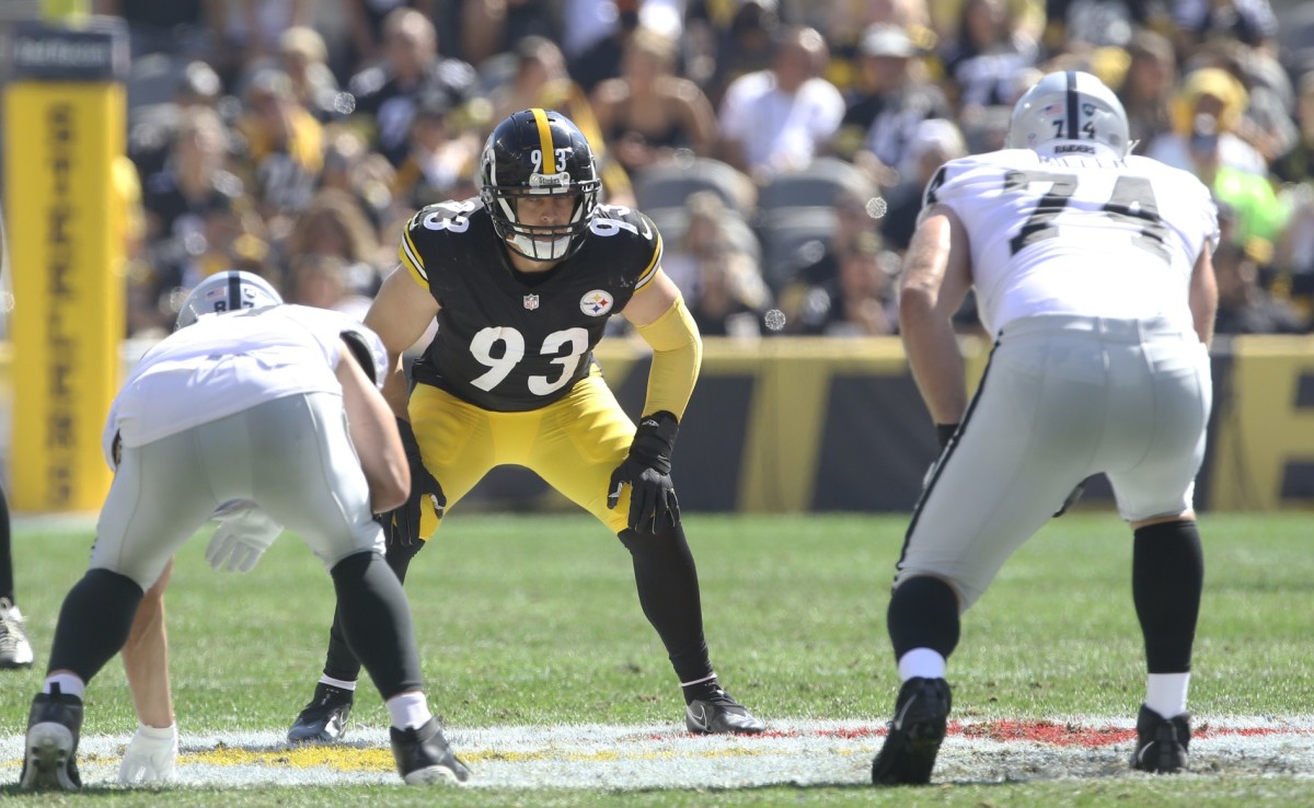 Sep 19, 2021; Pittsburgh Steelers middle linebacker Joe Schobert (93) against the Las Vegas Raiders. Mandatory Credit: Charles LeClaire-USA TODAY Sports